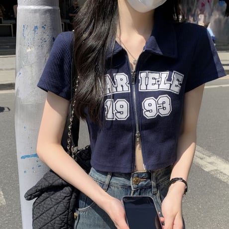 ダブルジップ ワッフル トップス 襟付き Tシャツ クロップド丈 ショート丈 レタープリント 半袖 シンプル ルーズ レトロ 大人可愛い ガーリー カジュアル DTCA-711769972021