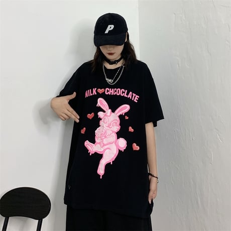 ユニセックス Tシャツ 半袖 メンズ レディース ラウンドネック うさぎ ラビット プリント オーバーサイズ 大きいサイズ ルーズ ストリート TBN-616203345862