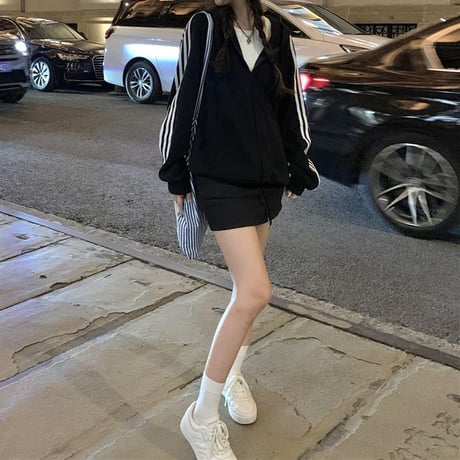 セットアップ サイドライン パーカー ミニスカート 長袖 ゆったり ルーズ 上下セット レトロ カジュアル 韓国ファッション レディース 大人可愛い ガーリー DTC-738691849961