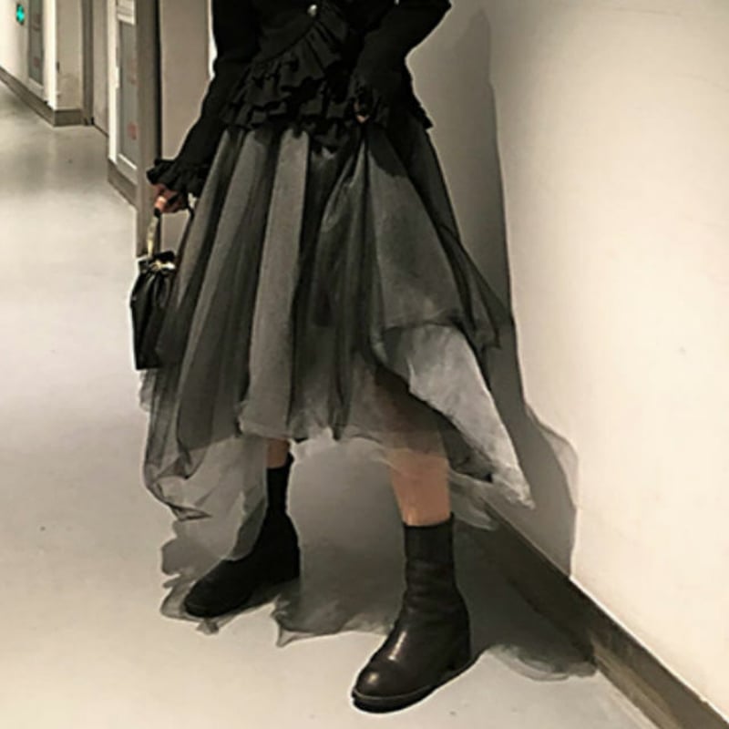 【再入荷】アシンメトリー ロングスカート メッシュ ブラック レディース アシンメトリー ロングスカート ドレープ メッシュ