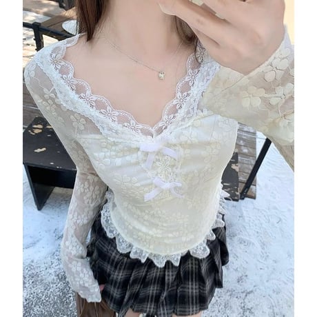 レース トップス Vネック リボン ロンT 薄手 tシャツ スリムフィット 長袖 レトロ 大人可愛い ガーリー フェミニン DTCA-883511135155