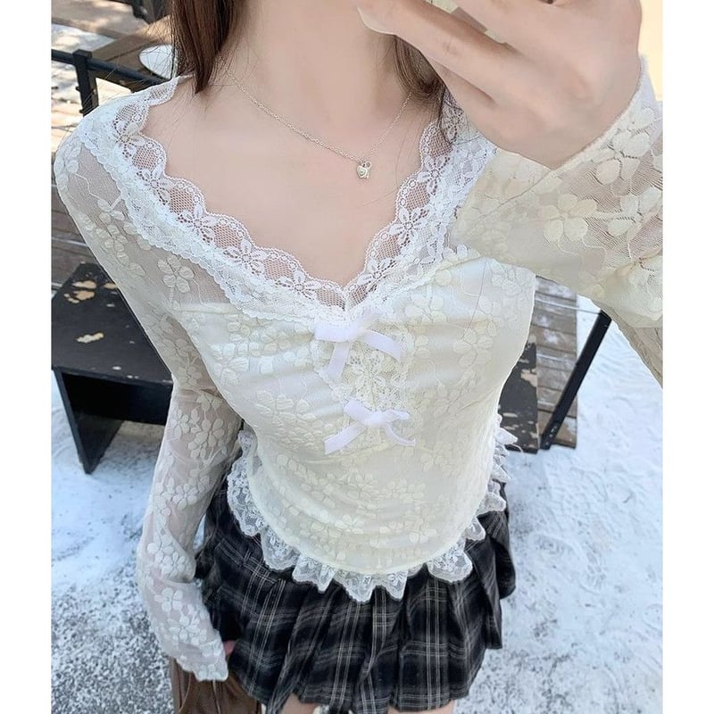 レース トップス Vネック リボン ロンT 薄手 tシャツ スリムフィット