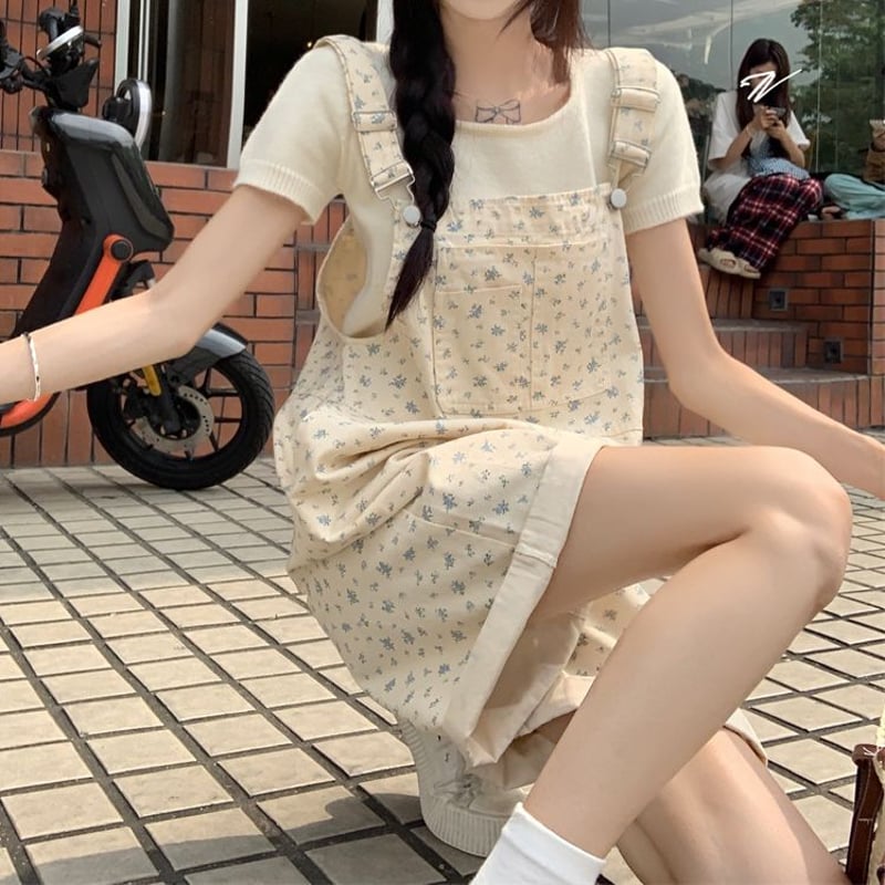 小花柄 デニム ショート丈 サロペット オーバーオール ハイ