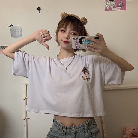 Tシャツ トップス ショート丈 五分袖 くまちゃん 韓国ファッション レディース ベアー ラウンドネック クルーネック 半袖 ガーリー カジュアル DTC-621732610073