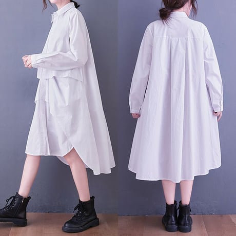 シャツワンピース ロングシャツ シャツ ワンピース アシンメトリー 不規則デザイン ルーズ 長袖 レトロ 韓国ファッション レディース 大人可愛い ガーリー DTC-634484580166