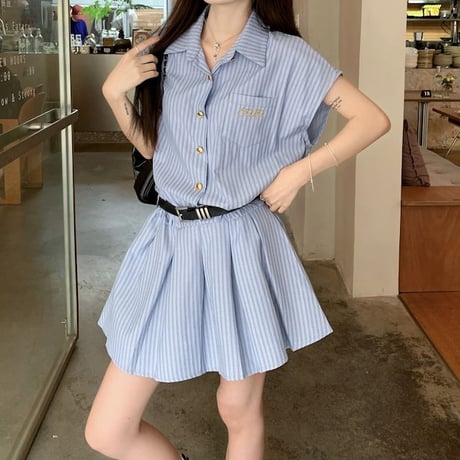 ストライプ柄 シャツワンピース 半袖 プリーツ ショート丈 ミニワンピース Aライン ワンピース レトロ 大人可愛い ガーリー 韓国ファッション レディース DTC-793096900642