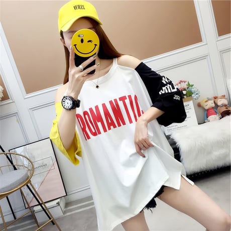 レディース 肩開き 肩出し バイカラー Tシャツ ゆったり 半袖 チュニック オフショルダー 韓国ファッション オルチャン (DCT-586776858110)