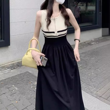 ニットワンピース ノースリーブ ファスナー サマーニット スリムフィット Aライン ロングワンピース ハイウエスト レトロ 大人可愛い ガーリー DTCA-823649264982