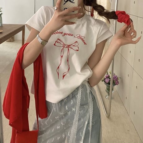 リボンプリント Tシャツ 半袖 クルーネック トップス レタープリント シンプル ルーズ レトロ 大人可愛い ガーリー カジュアル DTCA-775047425133