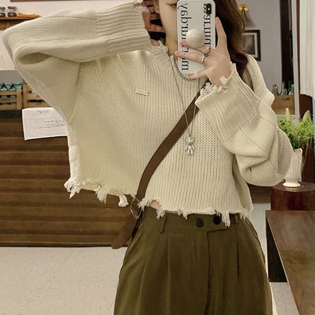 ダメージ加工 ニット ショート丈 セーター トップス ダメージニット 長袖 秋 冬 レトロ 韓国ファッション レディース 大人可愛い ガーリー カジュアル DTC-680077592781