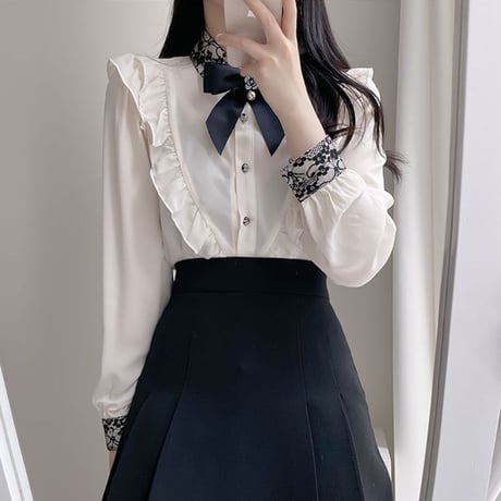 フリルブラウス ブローチ リボン フリル レース ブラウス 長袖 韓国ファッション レディース レトロ 大人可愛い ガーリー フェミニン DTC-654870022966