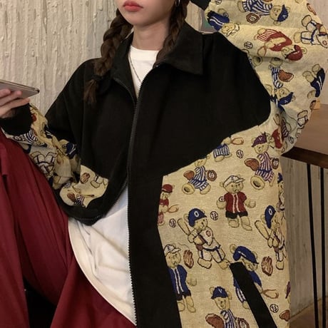 ジャケット くまちゃん ベアー ジップアップ 薄手 長袖 レトロ ルーズ 韓国ファッション レディース 大人可愛い ガーリー カジュアル ストリートファッション DTC-652685578373