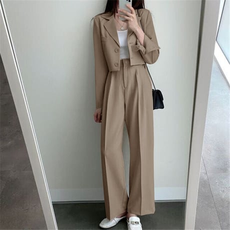 セットアップ 2点セット ショートジャケット ワイドパンツ ショート丈 テーラードジャケット タックパンツ パンツスーツ 長袖 レトロ 大人可愛い DTCA-740940979194