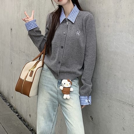 フェイクレイヤード ニット トップス チェック柄 刺繍ロゴ トップス 長袖 レトロ 韓国ファッション レディース 大人可愛い ガーリー DTCA-833712372783