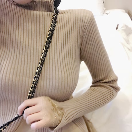 ハイネック ニットワンピース 韓国ファッション レディース タートルネック レース ウエストゴム ニット 長袖 セクシー タイト ガーリー (DCT-604931709813)