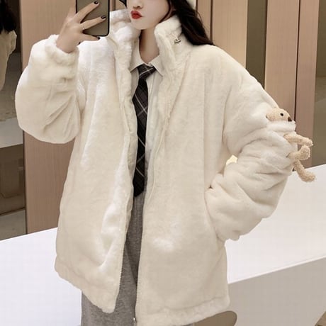 クマのぬいぐるみ付き ボアジャケット ボアブルゾン ゆったり アウター レトロ 韓国ファッション レディース 大人可愛い ガーリー フェミニン カジュアル DTC-657634169827
