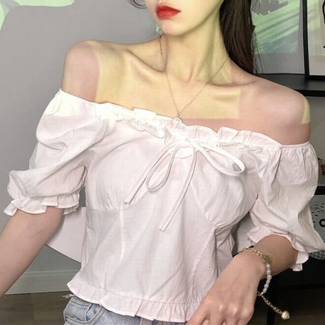 2way ブラウス スクエアネック オフショルダー クロップド丈 パフ袖 半袖 薄手 韓国ファッション レディース オフショル ショート丈 大人可愛い ガーリー DTC-646544025294