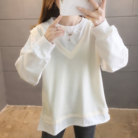 フェイクレイヤード トップス ベスト ドッキング ラウンドネック ルーズ 韓国ファッション レディース ゆったり 体型カバー 大人可愛い ガーリー DTC-624754370918