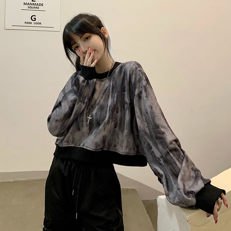 タイダイ染め トレーナー ショート丈 薄手 長袖 ルーズ トップス レトロ 韓国ファッション レディース ガーリー カジュアル ストリート系 DTC-625718801834