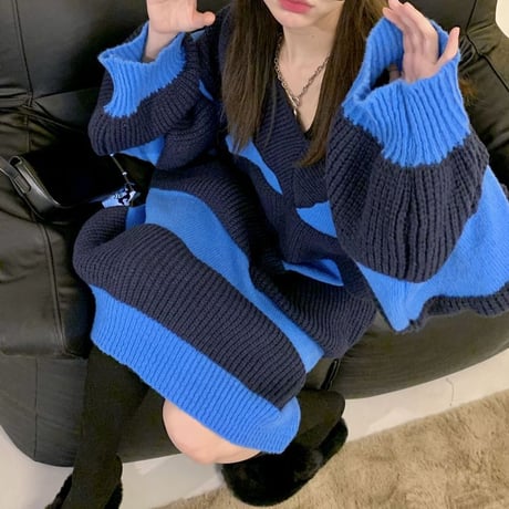 ボーダー柄 ニットワンピース Vネック オフショルダー ロング丈 長袖 ルーズウエスト レトロ 韓国ファッション レディース カジュアル 大人可愛い ガーリー DTC-663068830182