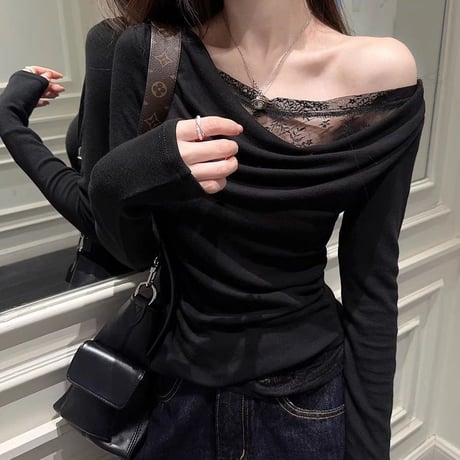レース付き Tシャツ ワンショルダー スリムフィット ロンT トップス カットソー 長袖 レトロ 大人可愛い ガーリー DTCA-849082361382