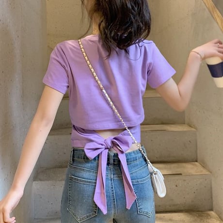 バックリボン tシャツ バックレス ウエスト見せ ショート丈 クルーネック 半袖 トップス レトロ 大人可愛い ガーリー カジュアル DTCA-732666685652