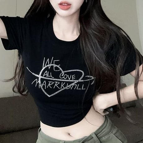 Tシャツ ラインストーン ハート ロゴ コンパクトTシャツ クロップド丈 ショート丈 トップス スリムフィット 半袖 レトロ 大人可愛い ガーリー カジュアル DTCA-820673482384