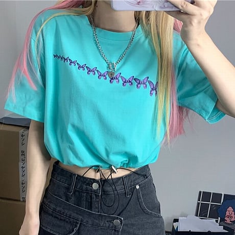 【3カラー】 Tシャツ バタフライ柄 半袖 コードストッパー 裾絞り クロップド丈 ショート丈 韓国ファッション レディース カジュアル 韓国ストリートファッション DTC-619665826393