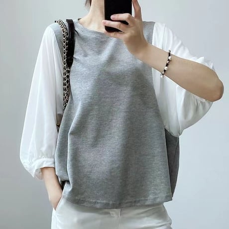 ドッキングブラウス 5分袖 トップス バルーン袖 チェック柄 無地 フェイクレイヤード Tシャツ レトロ 韓国ファッション レディース 大人可愛い ガーリー DTC-708136202207