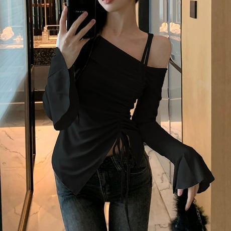 Tシャツ ワンショルダー ギャザー カットソー トップス ショート丈 不規則 スリムフィット アプリコット ブラック シンプル 長袖 レトロ 大人可愛い ガーリー DTCA-757439921172