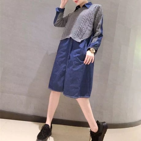 レディース ドッキングワンピース デニムシャツ ワンピース ニット マタニティ ガーリー フェミニン 韓国ファッション (DCT-557459370190)