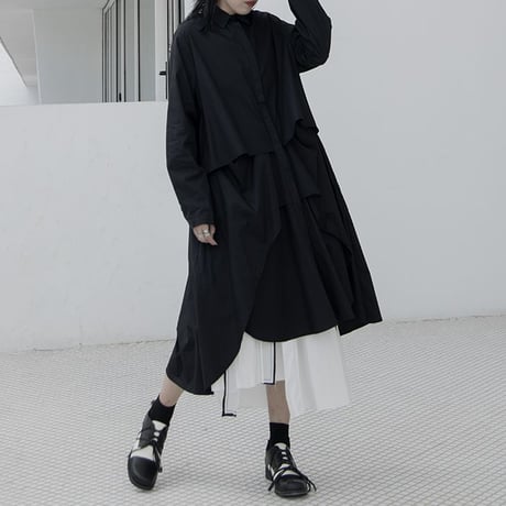 シャツワンピース ロングシャツ シャツ ワンピース アシンメトリー 不規則デザイン ルーズ 長袖 レトロ 韓国ファッション レディース 大人可愛い ガーリー DTC-634484580166