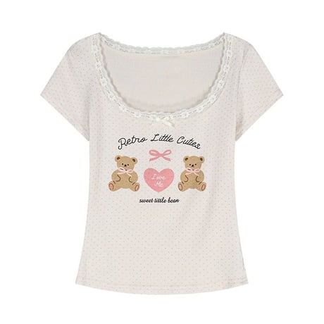 tシャツ ドット柄 クマちゃん リボン レース トップス Uネック スリムフィット スリムtシャツ 半袖 レトロ 大人可愛い ガーリー カジュアル DTCA-811944873611
