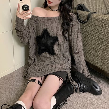 ロンT ダメージ加工 スター 星 ドローストリング ドロスト ダメージトップス プルオーバー tシャツ オーバーサイズ ルーズ 長袖 レトロ 大人可愛い ガーリー DTCA-837831882209