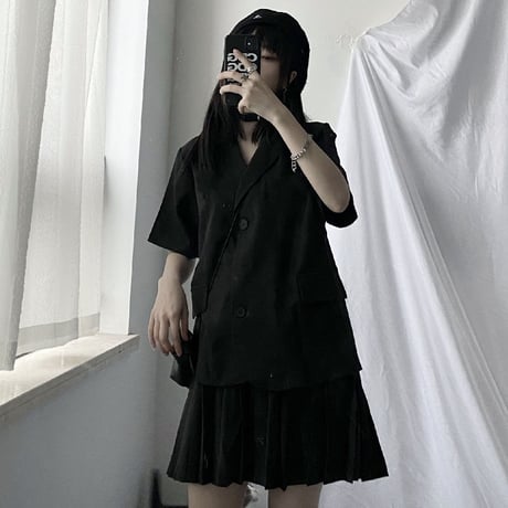 セットアップ ジャケット風シャツ ＋ プリーツスカート Aラインスカート 韓国ファッション レディース 2点セット ミニスカート トップス スーツシャツ ガーリー DTC-616135929722