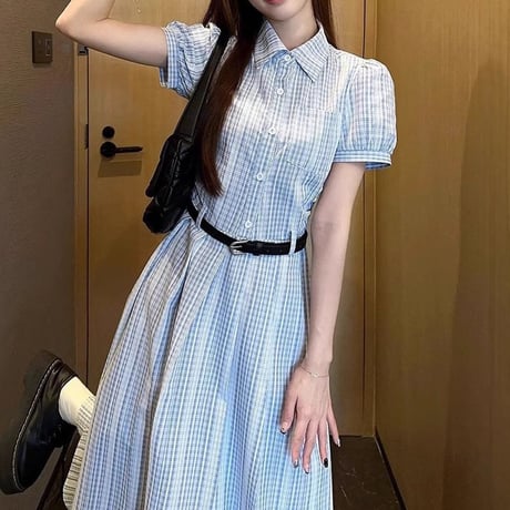 シャツワンピース 半袖 パフスリーブ ロングワンピース Aライン ワンピース ハイウエスト レトロ 大人可愛い ガーリー DTCA-940926932834