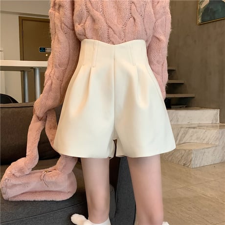 ショートパンツ ウール調 ハイウエスト ワイドパンツ ワイドレッグパンツ レトロ 韓国ファッション レディース 大人可愛い ガーリー カジュアル DTC-659111554810