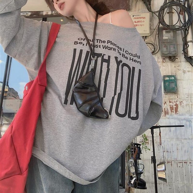 FOTUS フェトウス　オフショルダー　トップス　ジップ 2WAY 前後着用 トップス ロンT ワンショルダー オフショルダー tシャツ