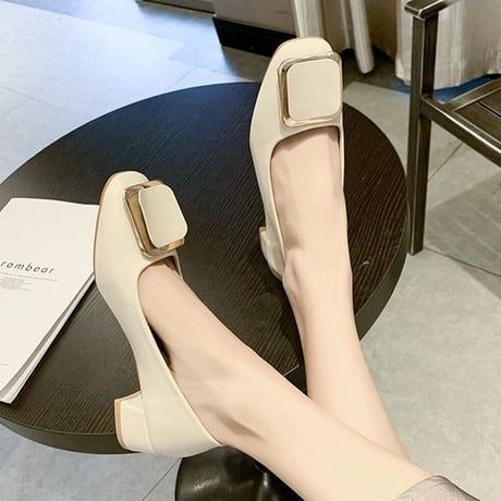 バックル付 パンプス チャンキーヒール 4cm 韓国ファッション レディース シンプル スクエアトゥ シューズ キュート 痛くない かわいい 歩きやすい 610846873186