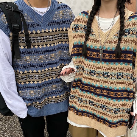 ユニセックス ニットベスト フェアアイル柄 Vネック ゆったり ルーズ オーバーサイズ 韓国ファッション レディース メンズ カジュアル レトロ DTC-653922588077