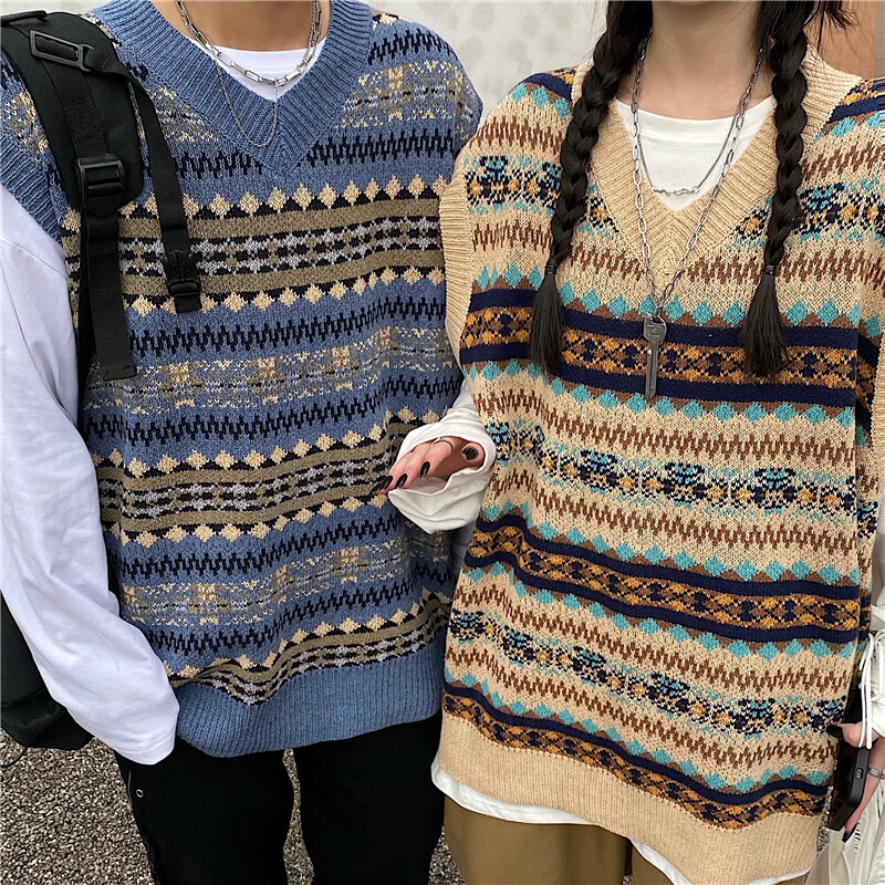 ユニセックス ニットベスト フェアアイル柄 Vネック ゆったり ルーズ
