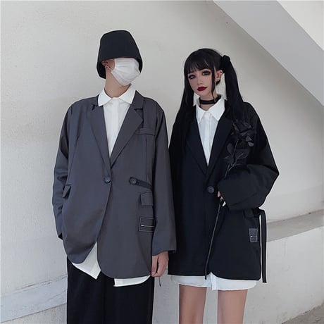 サイドベルト テーラードジャケット ユニセックス 韓国ファッション レディース メンズ シングルブレスト ルーズ ゆったり フォーマル 大人可愛い ガーリー DTC-625445762684