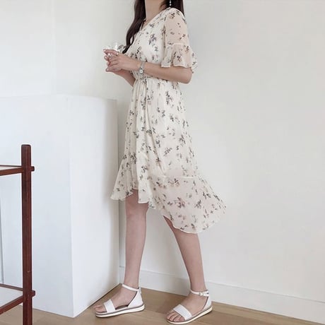 レディース 花柄シフォンワンピース レトロ ハイウエスト フェミニン ガーリー 韓国ファッション (DCT-594879835987)