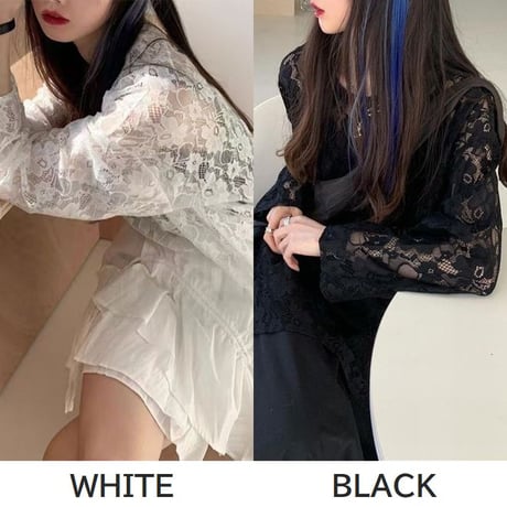 フラワーレース tシャツ 透け感 トップス ホワイト ブラック クルーネック レース ロンT 長袖 レトロ 大人可愛い ガーリー DTCA-865166902200
