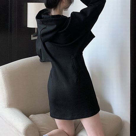 フード付きワンピース 薄手 フェイクレイヤード ウエストカット ミニワンピース ハイウエスト 長袖 レトロ 韓国ファッション 大人可愛い ガーリー カジュアル DTC-682842841895