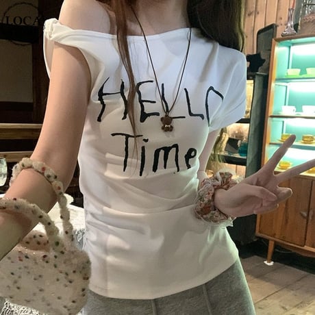 Tシャツ ワンショルダー レタープリント ロゴプリント トップス カットソー 半袖 レトロ 大人可愛い ガーリー DTCA-924718609909