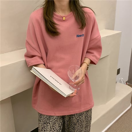 tシャツ ワンポイント バックプリント オーバーサイズ 半袖 ドロップショルダー クルーネック シンプル ルーズ レトロ 大人可愛い ガーリー カジュアル DTCA-645393552994