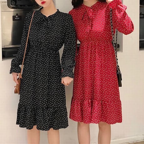 レディース 長袖ワンピース ミモレ丈 ドット柄 ワンピース フレア リボン 韓国ファッション オルチャン (DCT-587243195150)