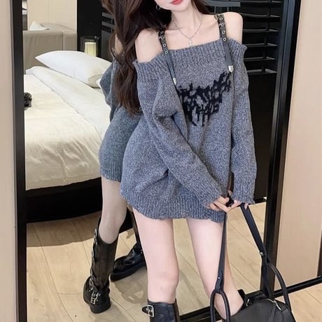 ニット ダメージ加工 オフショルダー プルオーバー ダメージニット オフショル トップス ルーズ 長袖 レトロ 大人可愛い ガーリー カジュアル DTCA-857788372053