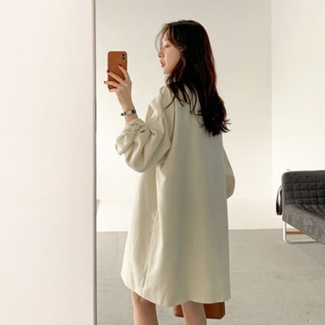 韓国ファッション レディース ワンピース コート ノーカラー 袖ボリューム バルーン フロントボタン ベージュ アウター 大人カジュアル 韓国 (DTC-600671374638)